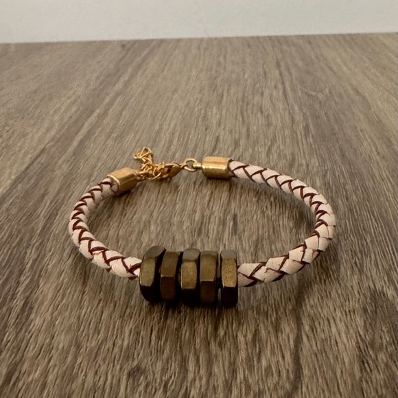 Half United Brass Honeycomb & White Worn Braided Leather Adjustable bracelet GUC - Picture 10 of 10